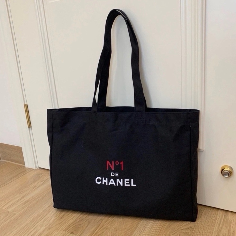 CHANEL Black Canvas Tote with Red & White Logo